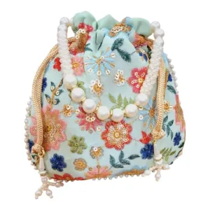 DMS RETAIL Women's Embroidered Potli With Pearl Drawstring | Ladies Purse Handbag Purses for Women,Wedding, Housewarming, Corporate Gifts, Anniversary Baby Shower Return Gifts