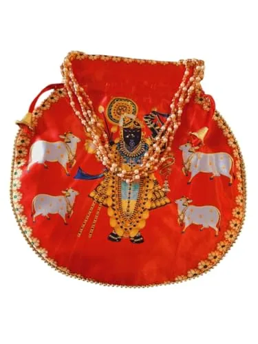 DMS RETAILShreenathji Potli | Shagun Pouch | Wedding Giveaways | Silk Potli With Belt In Shrinath Ji Design (ORANGE)