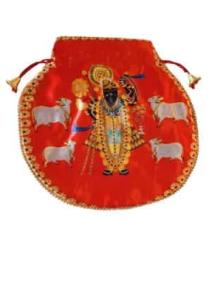 DMS RETAILShreenathji Potli | Shagun Pouch | Wedding Giveaways | Silk Potli With Belt In Shrinath Ji Design (ORANGE)