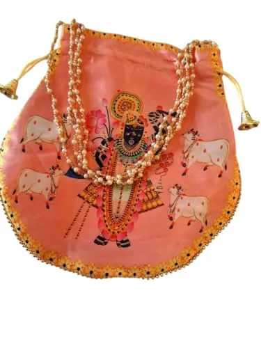 DMS RETAILShreenathji Potli | Shagun Pouch | Wedding Giveaways | Silk Potli With Belt In Shrinath Ji Design (PEACH)