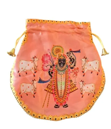 DMS RETAILShreenathji Potli | Shagun Pouch | Wedding Giveaways | Silk Potli With Belt In Shrinath Ji Design (PEACH)
