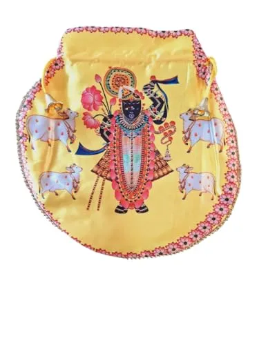 DMS RETAILShreenathji Potli | Shagun Pouch | Wedding Giveaways | Silk Potli With Belt In Shrinath Ji Design (YELLOW)
