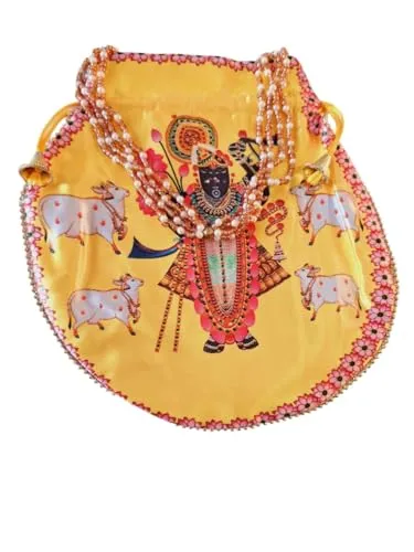 DMS RETAILShreenathji Potli | Shagun Pouch | Wedding Giveaways | Silk Potli With Belt In Shrinath Ji Design (YELLOW)