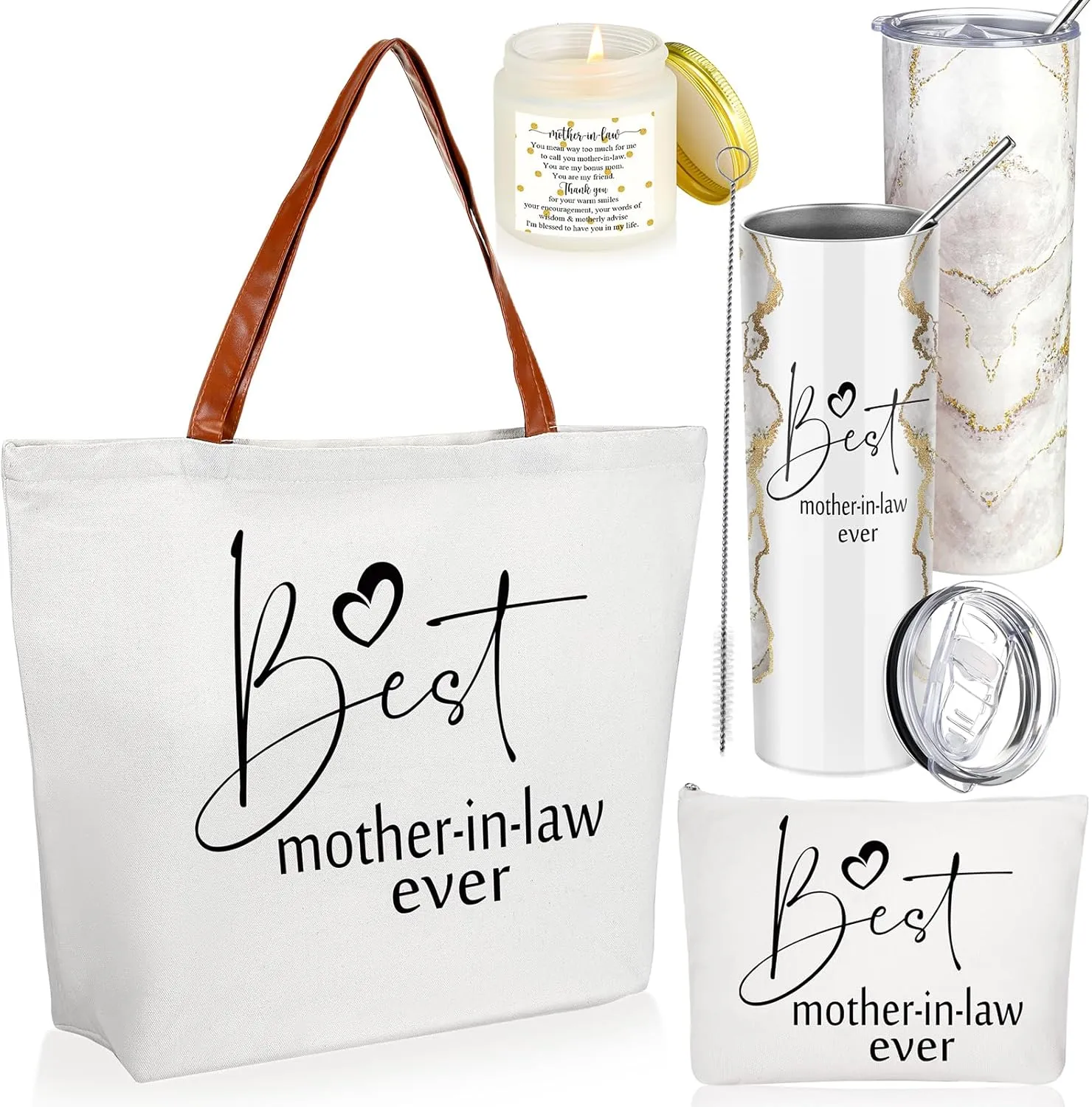 Domensi 4 Pack Mom Gifts Best Mother in Law Ever Gift Tote Bag 20oz Tumbler Cup Makeup Bag Mother in Law Scented Candle(White)