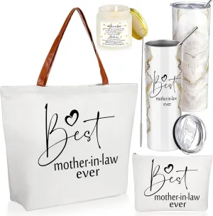 Domensi 4 Pack Mom Gifts Best Mother in Law Ever Gift Tote Bag 20oz Tumbler Cup Makeup Bag Mother in Law Scented Candle(White)