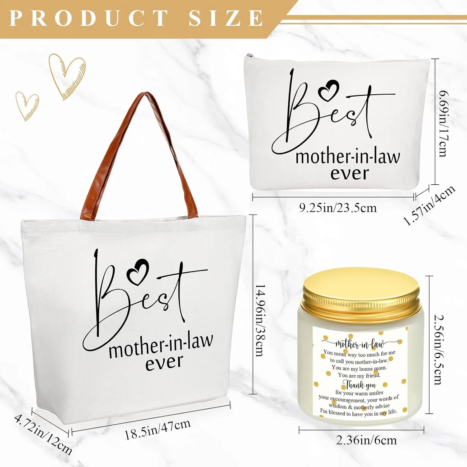 Domensi 4 Pack Mom Gifts Best Mother in Law Ever Gift Tote Bag 20oz Tumbler Cup Makeup Bag Mother in Law Scented Candle(White)