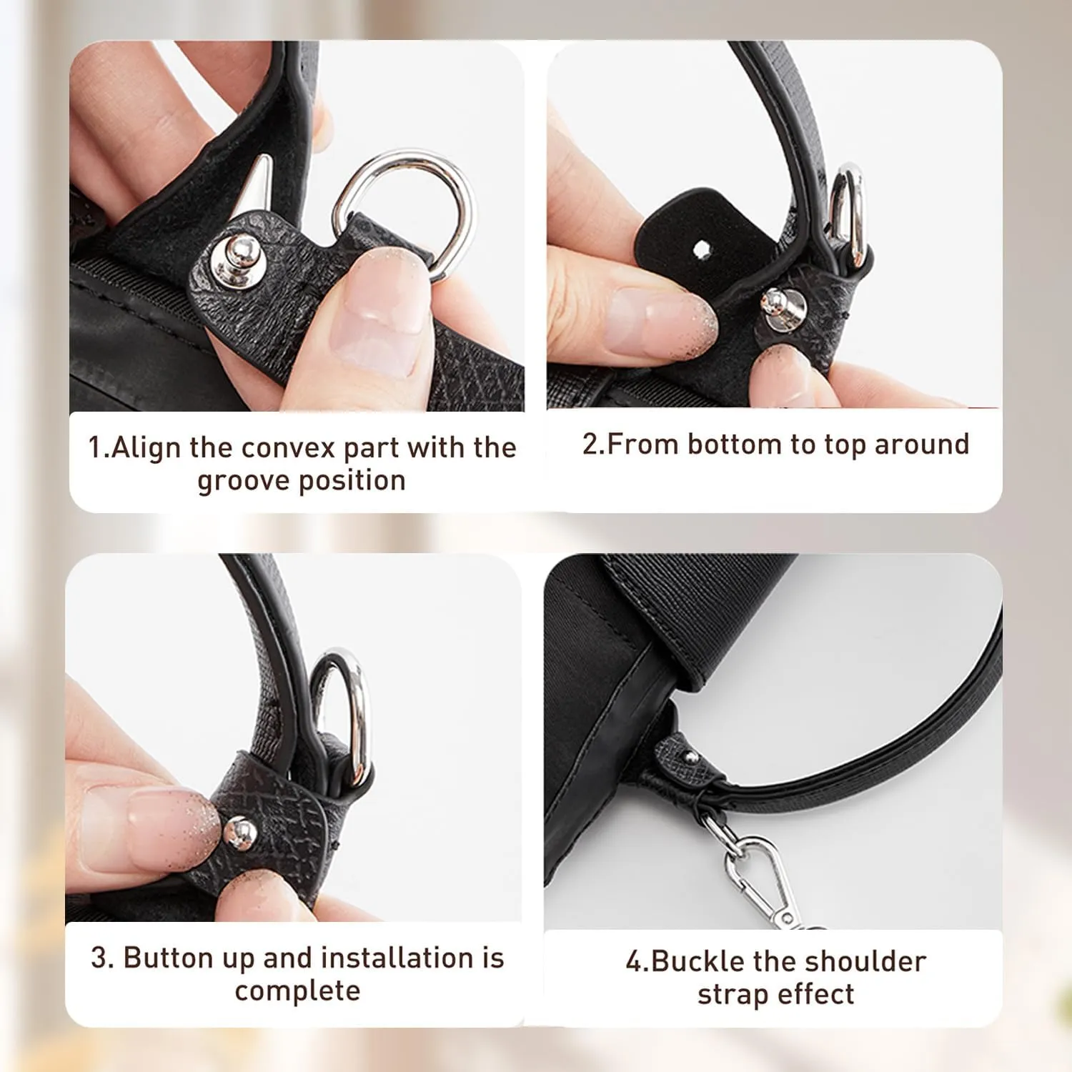Doxo Purse Strap Compatible with Longchamp S/M/L Bag, 4 Upgraded Buckles Leather Bag Strap Conversion Kit for Women Crossbody Bags（Black-Silver）