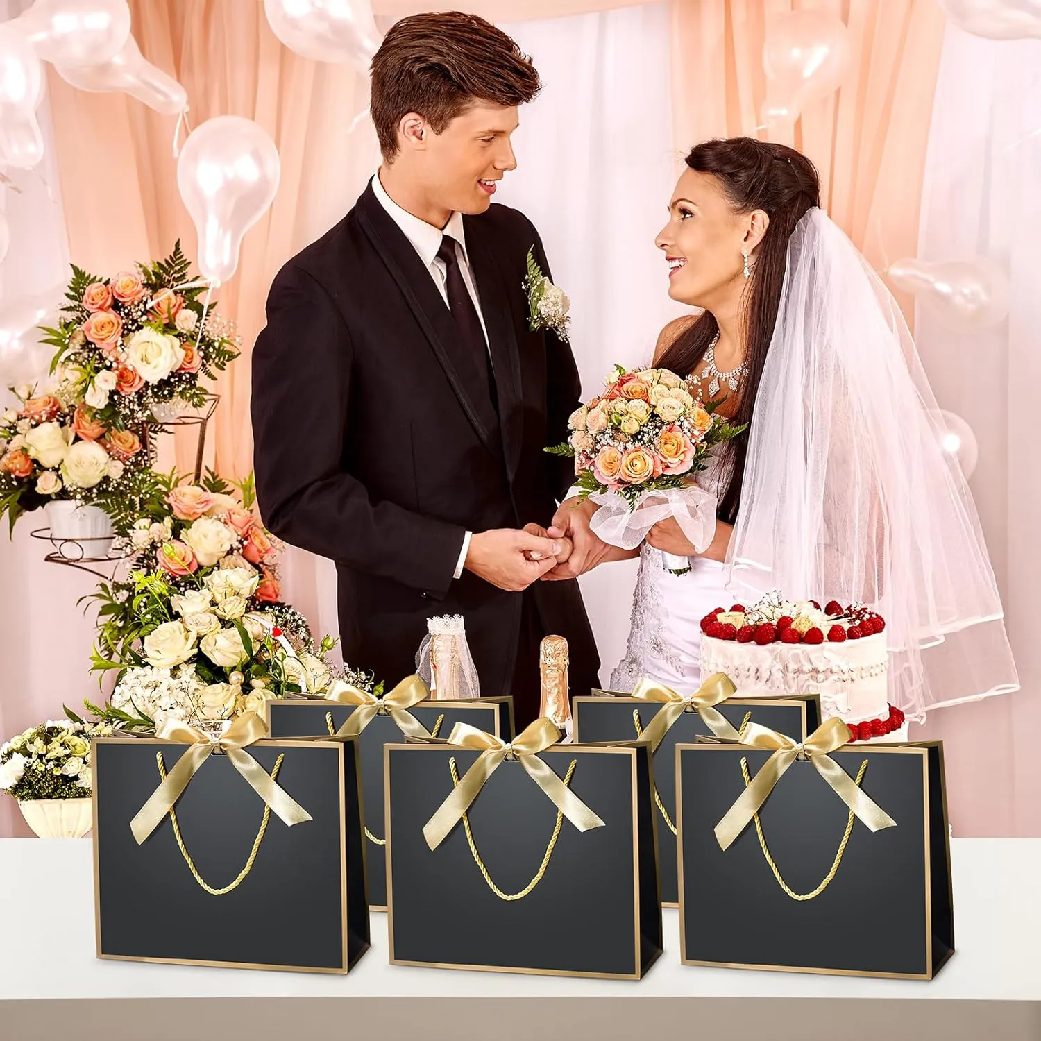 DOYIDE 15 Pcs Thank You Gift Bags with Tissue Paper, 11.8x10x4in Paper Gift Bags with Bow Ribbon, Gift Wrap Bags with Handles for Wedding Birthday Baby Shower Bridesmaid Party