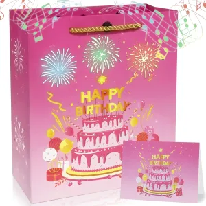 DTESL Lights Fireworks Musical Gift Bag Birthday Music Gift Bag with Card Happy Birthday Gift Bag for Wife, husbands, men and women (Pink, Large)