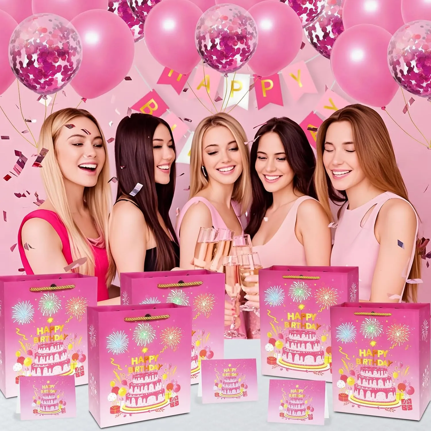 DTESL Lights Fireworks Musical Gift Bag Birthday Music Gift Bag with Card Happy Birthday Gift Bag for Wife, husbands, men and women (Pink, Large)