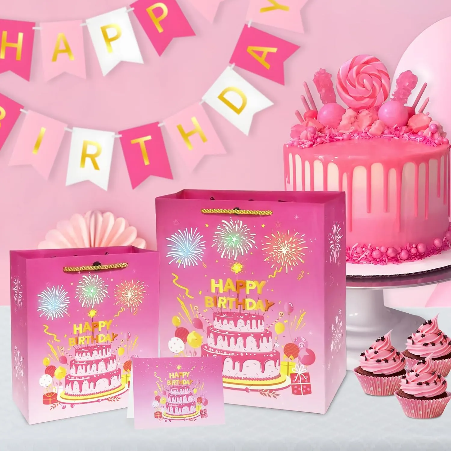 DTESL Lights Fireworks Musical Gift Bag Birthday Music Gift Bag with Card Happy Birthday Gift Bag for Wife, husbands, men and women (Pink, Large)