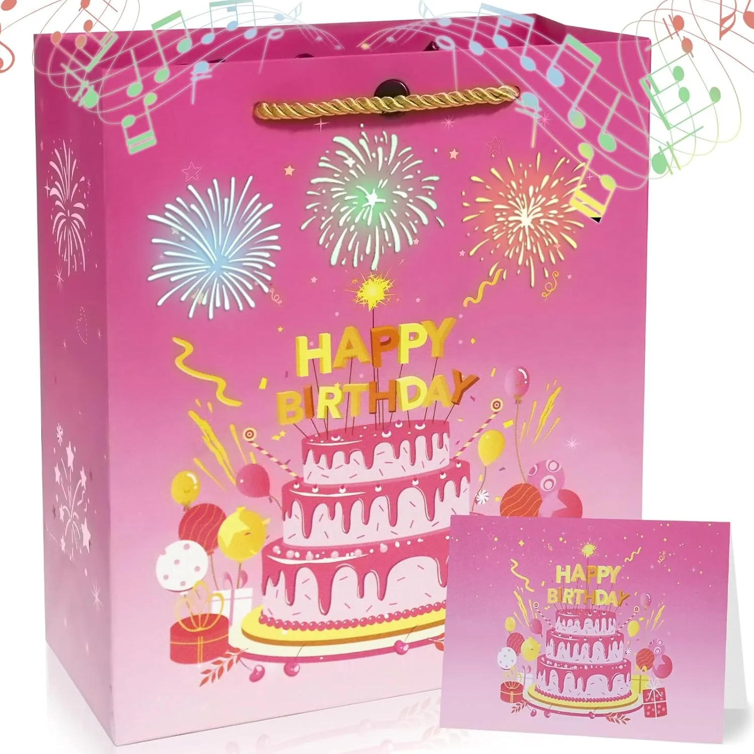 DTESL Lights Fireworks Musical Gift Bag Birthday Music Gift Bag with Card Happy Birthday Gift Bag for Wife, husbands, men and women (Pink, Large)