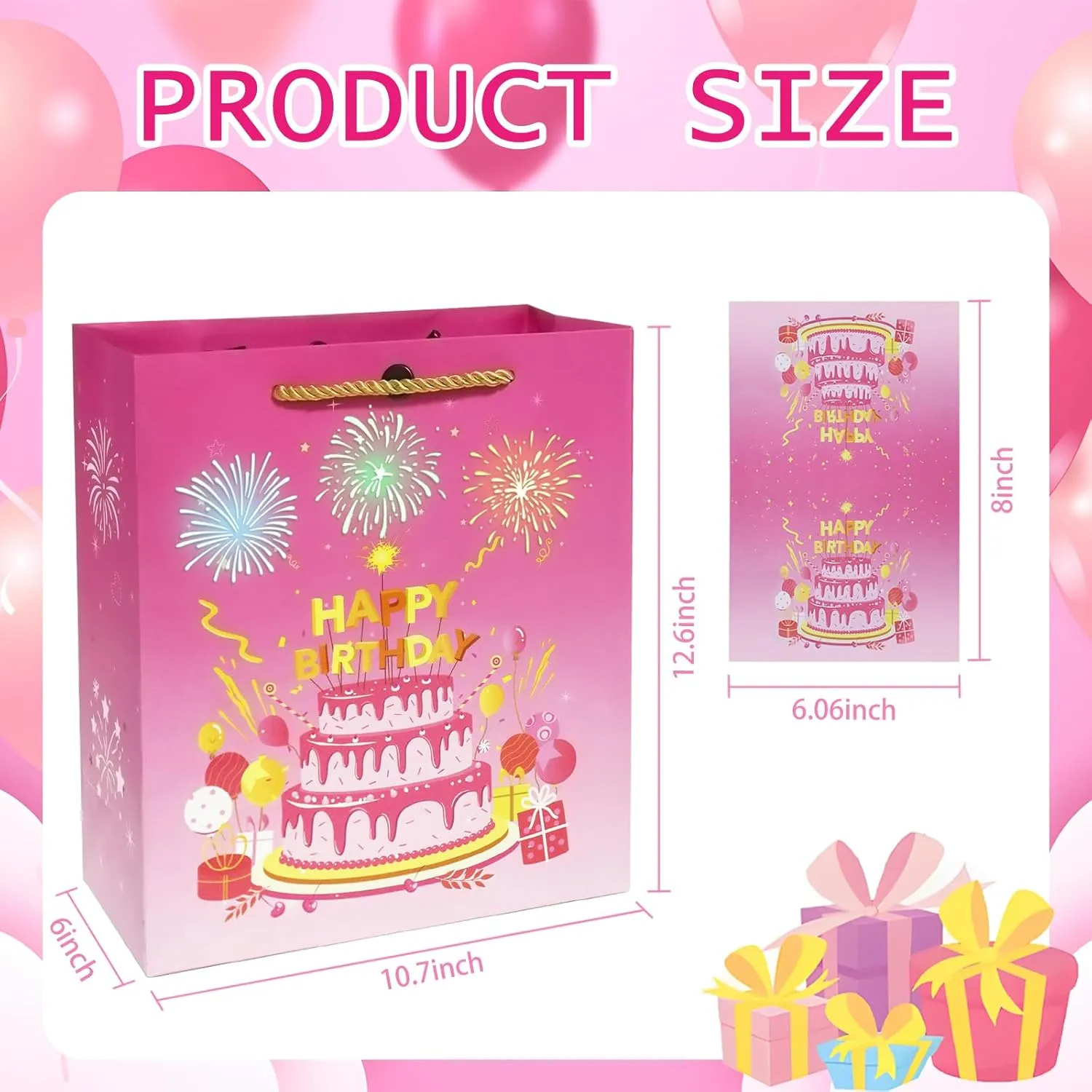 DTESL Lights Fireworks Musical Gift Bag Birthday Music Gift Bag with Card Happy Birthday Gift Bag for Wife, husbands, men and women (Pink, Large)