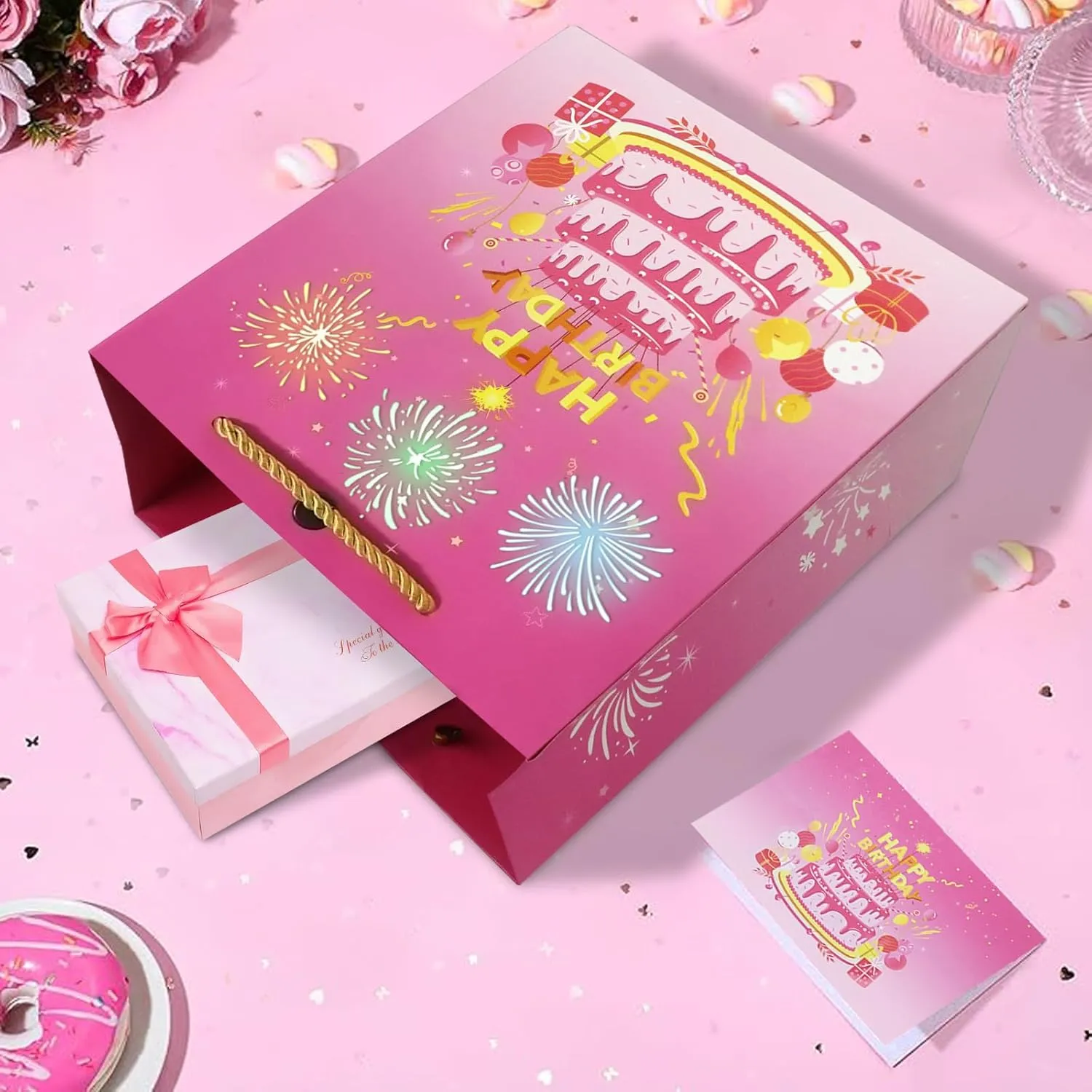 DTESL Lights Fireworks Musical Gift Bag Birthday Music Gift Bag with Card Happy Birthday Gift Bag for Wife, husbands, men and women (Pink, Large)