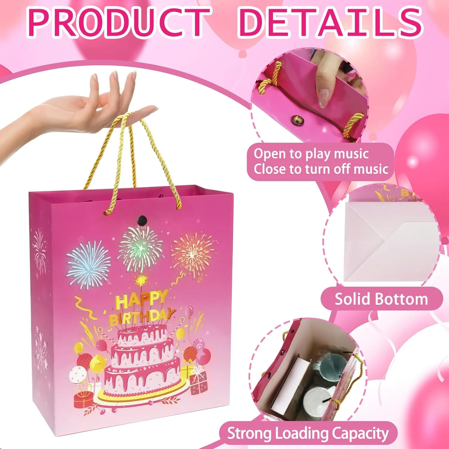 DTESL Lights Fireworks Musical Gift Bag Birthday Music Gift Bag with Card Happy Birthday Gift Bag for Wife, husbands, men and women (Pink, Large)