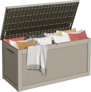 DWVO 260 Gallon XXL Extra Large Deck Box, Resin Outdoor Storage Box, Lockable & Waterproof, Double as Seating, 1000lbs Capacity (Brown)