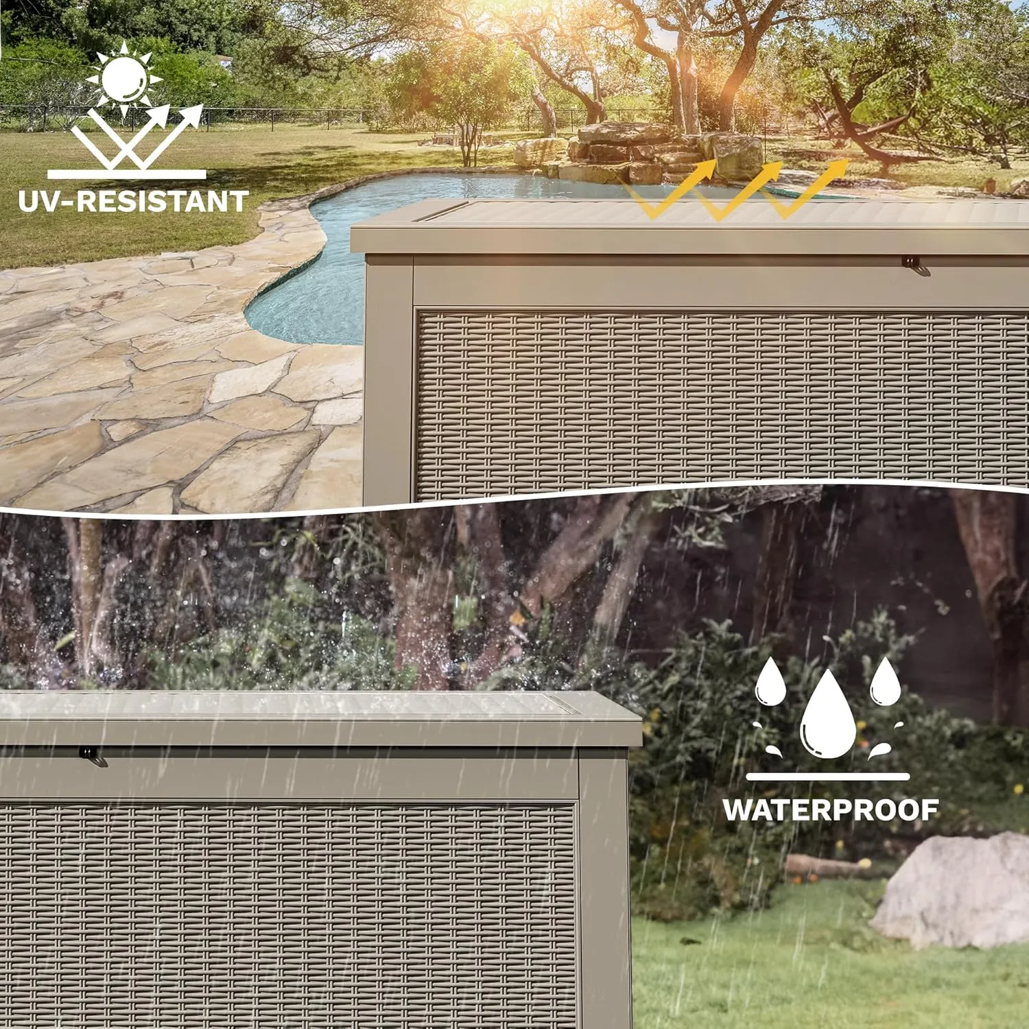 DWVO 260 Gallon XXL Extra Large Deck Box, Resin Outdoor Storage Box, Lockable & Waterproof, Double as Seating, 1000lbs Capacity (Brown)