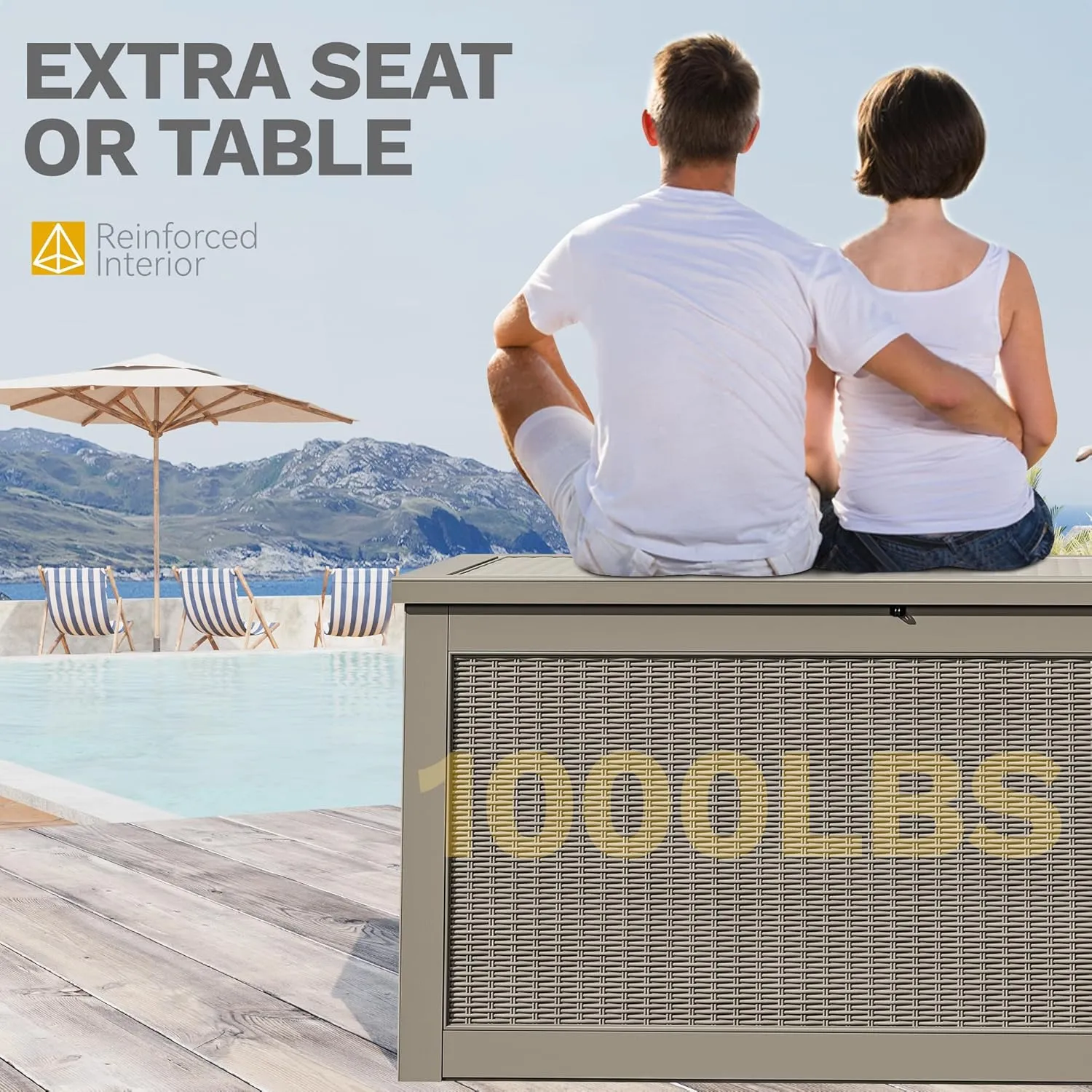 DWVO 260 Gallon XXL Extra Large Deck Box, Resin Outdoor Storage Box, Lockable & Waterproof, Double as Seating, 1000lbs Capacity (Brown)