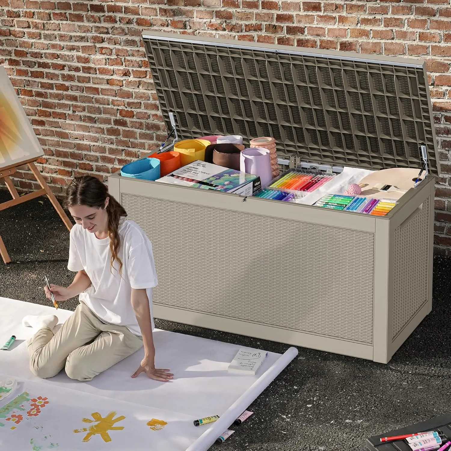 DWVO 260 Gallon XXL Extra Large Deck Box, Resin Outdoor Storage Box, Lockable & Waterproof, Double as Seating, 1000lbs Capacity (Brown)
