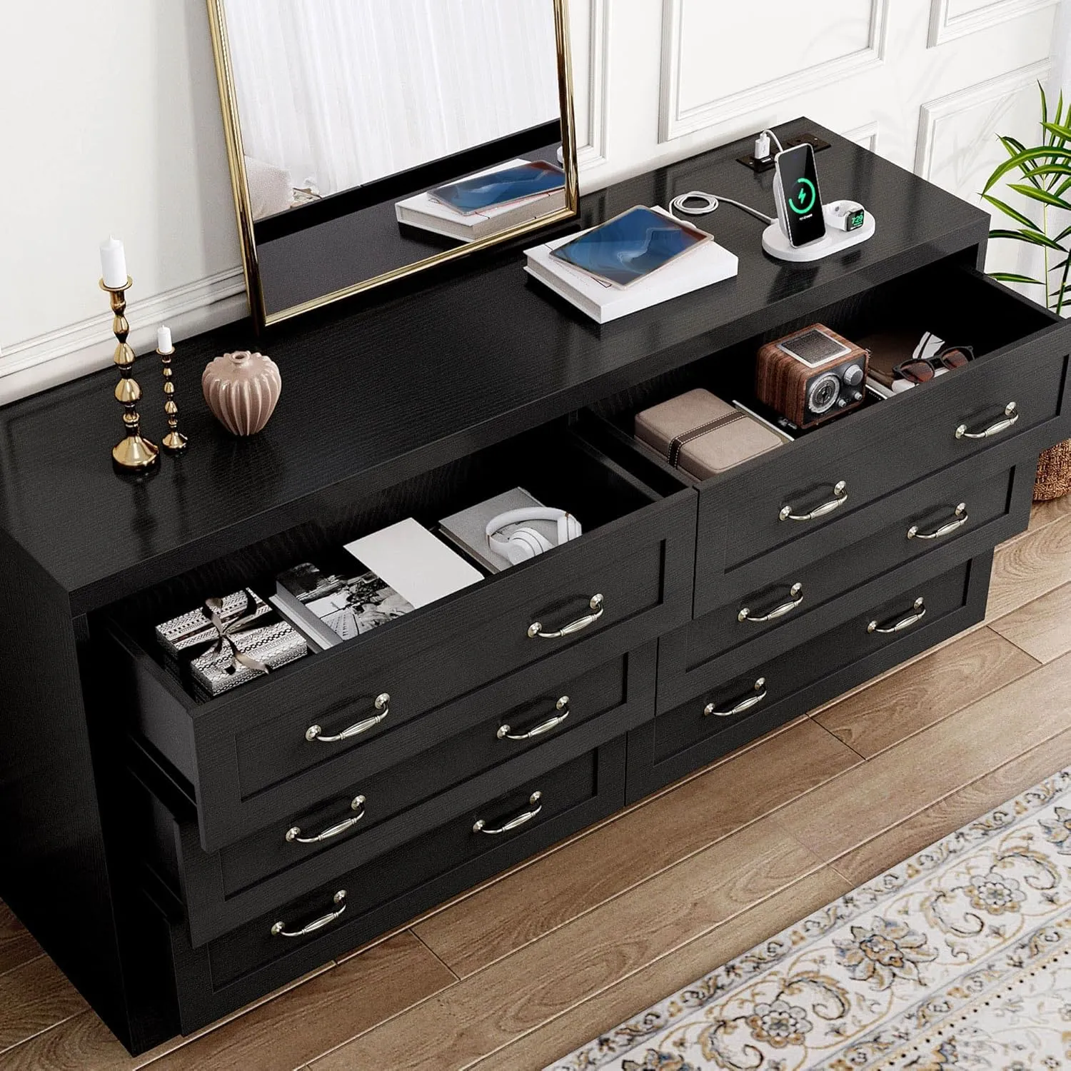 DWVO 59" W 6 Drawers Dresser, Large Chest of Drawers, Black Retro Wood Rattan Dresser with Large Rattan Drawers, Storage Organizer Unit with Dual Tip-Resistant Kits for Living Room