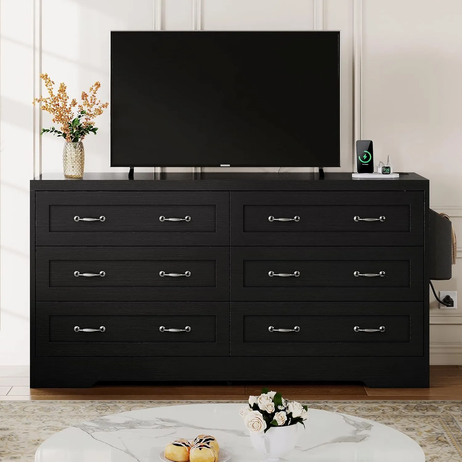 DWVO 59" W 6 Drawers Dresser, Large Chest of Drawers, Black Retro Wood Rattan Dresser with Large Rattan Drawers, Storage Organizer Unit with Dual Tip-Resistant Kits for Living Room