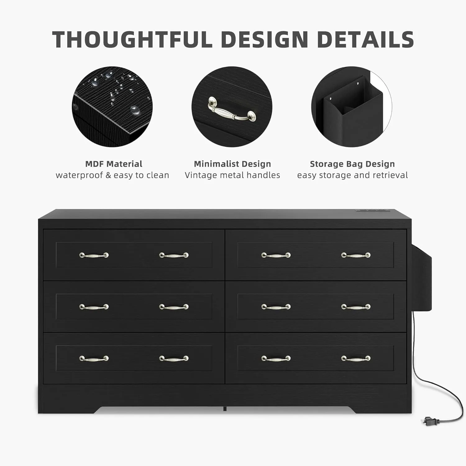 DWVO 59" W 6 Drawers Dresser, Large Chest of Drawers, Black Retro Wood Rattan Dresser with Large Rattan Drawers, Storage Organizer Unit with Dual Tip-Resistant Kits for Living Room