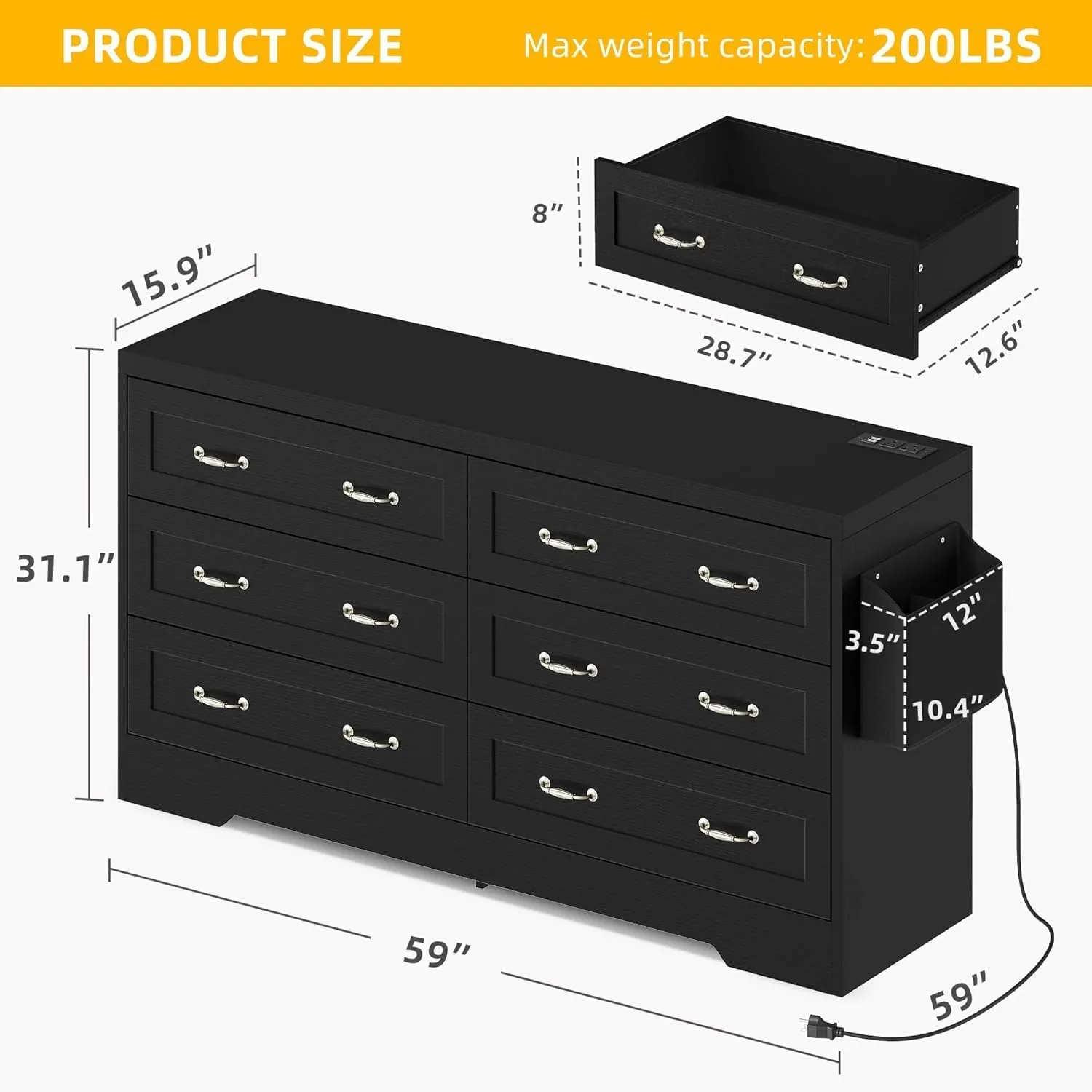 DWVO 59" W 6 Drawers Dresser, Large Chest of Drawers, Black Retro Wood Rattan Dresser with Large Rattan Drawers, Storage Organizer Unit with Dual Tip-Resistant Kits for Living Room