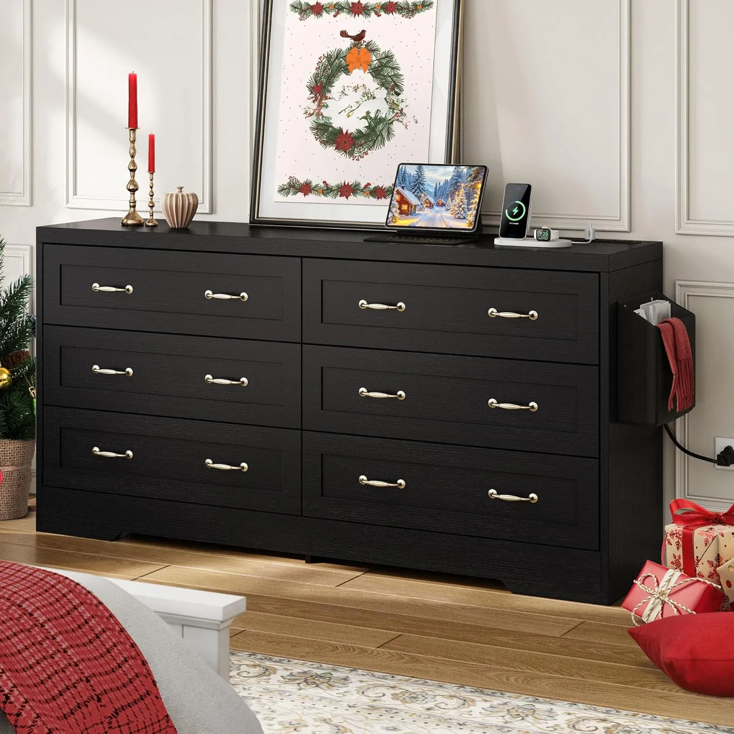 DWVO 59" W 6 Drawers Dresser, Large Chest of Drawers, Black Retro Wood Rattan Dresser with Large Rattan Drawers, Storage Organizer Unit with Dual Tip-Resistant Kits for Living Room