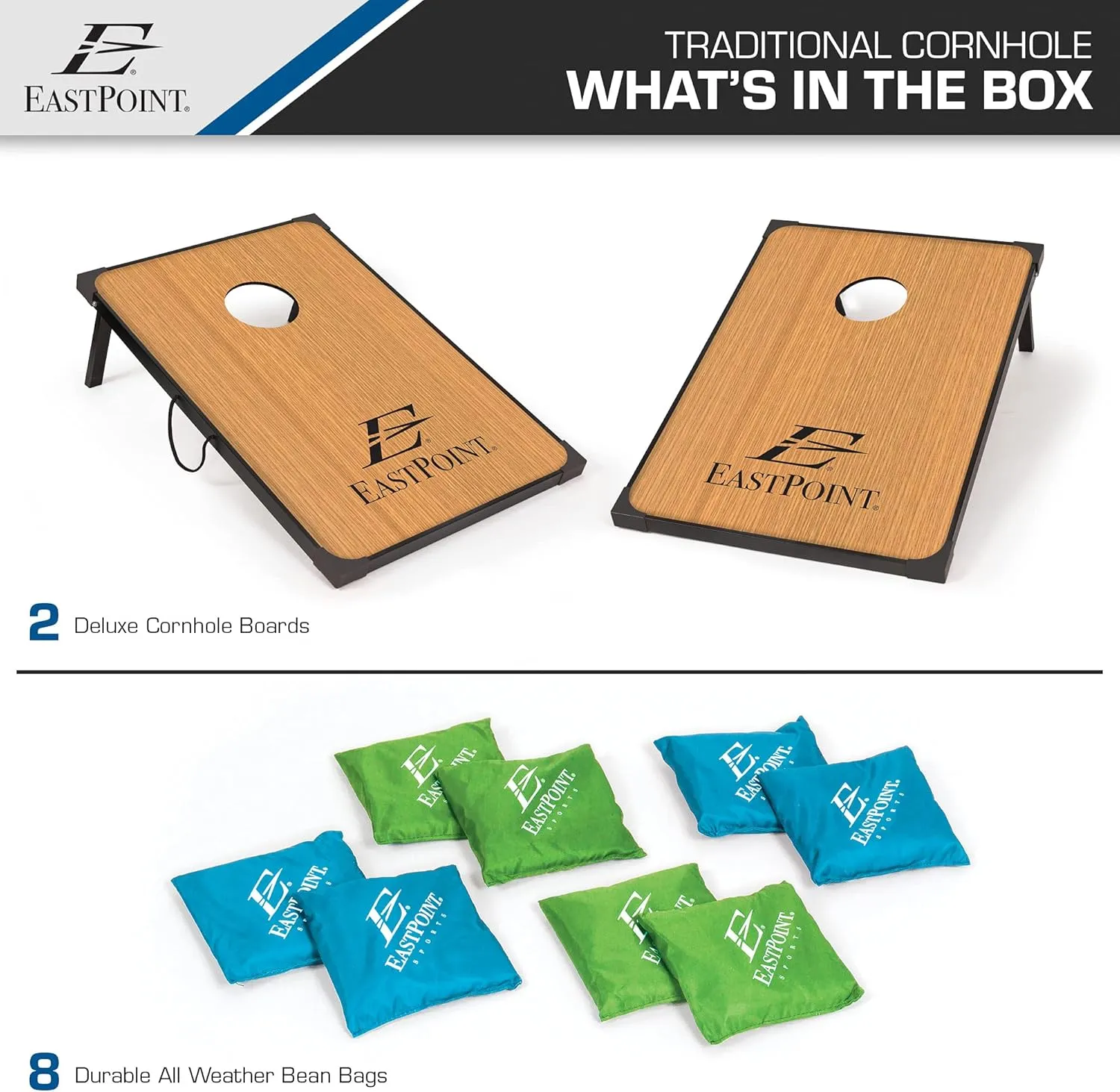 EastPoint Sports Cornhole Game Set Bean Bag Toss MDF - 2' W x 3' L - Built-In Storage, Convenient Carry Handles and 8 Premium Bean Bags