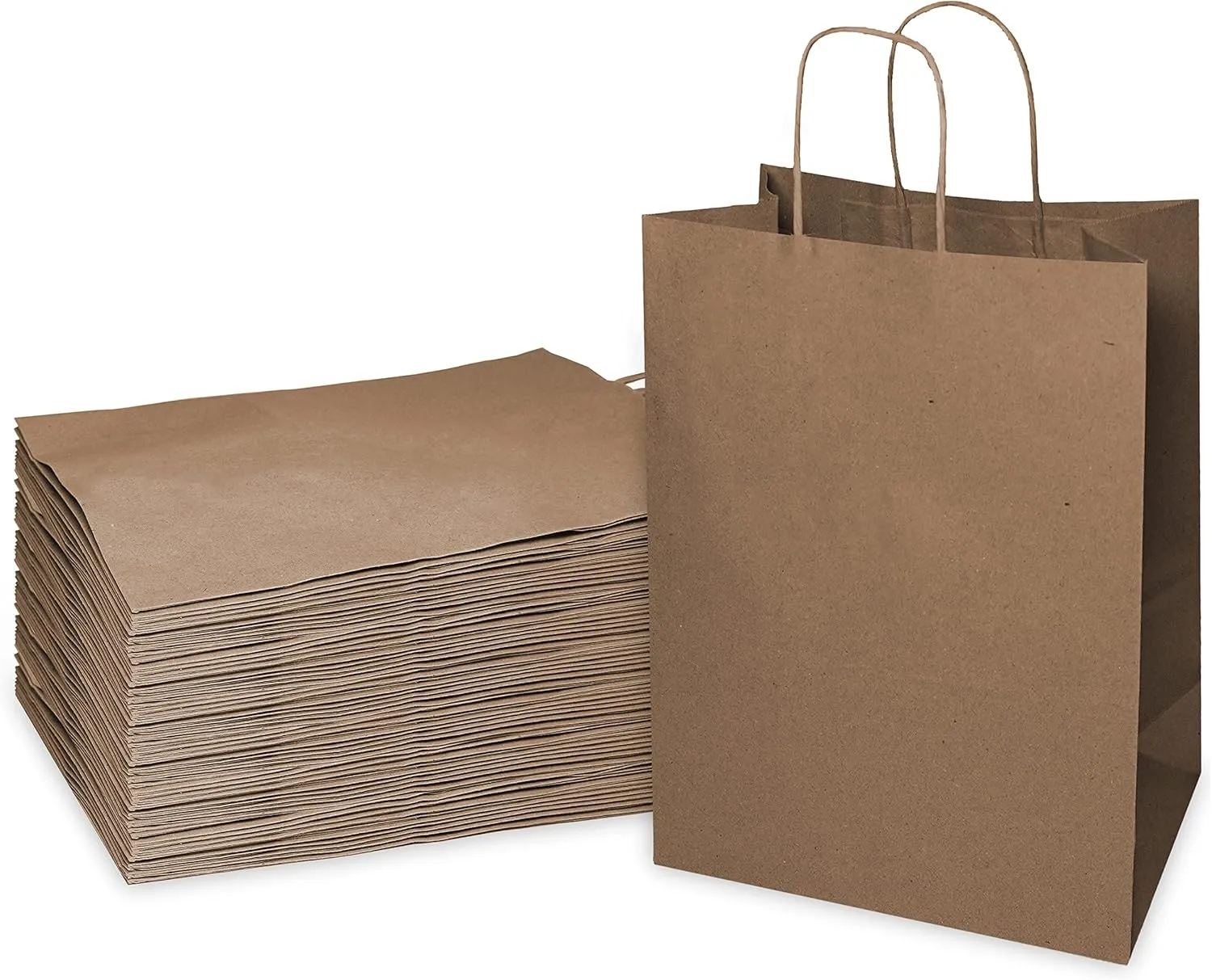 EcoQuality - 8 x 4.5 x 10.25 inches - 50pcs - Small Brown Kraft Paper Bags with Handles, Shopping, Gift Bags, Party, Merchandise, Lunch Bags, Grocery Bags