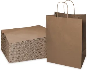 EcoQuality - 8 x 4.5 x 10.25 inches - 50pcs - Small Brown Kraft Paper Bags with Handles, Shopping, Gift Bags, Party, Merchandise, Lunch Bags, Grocery Bags