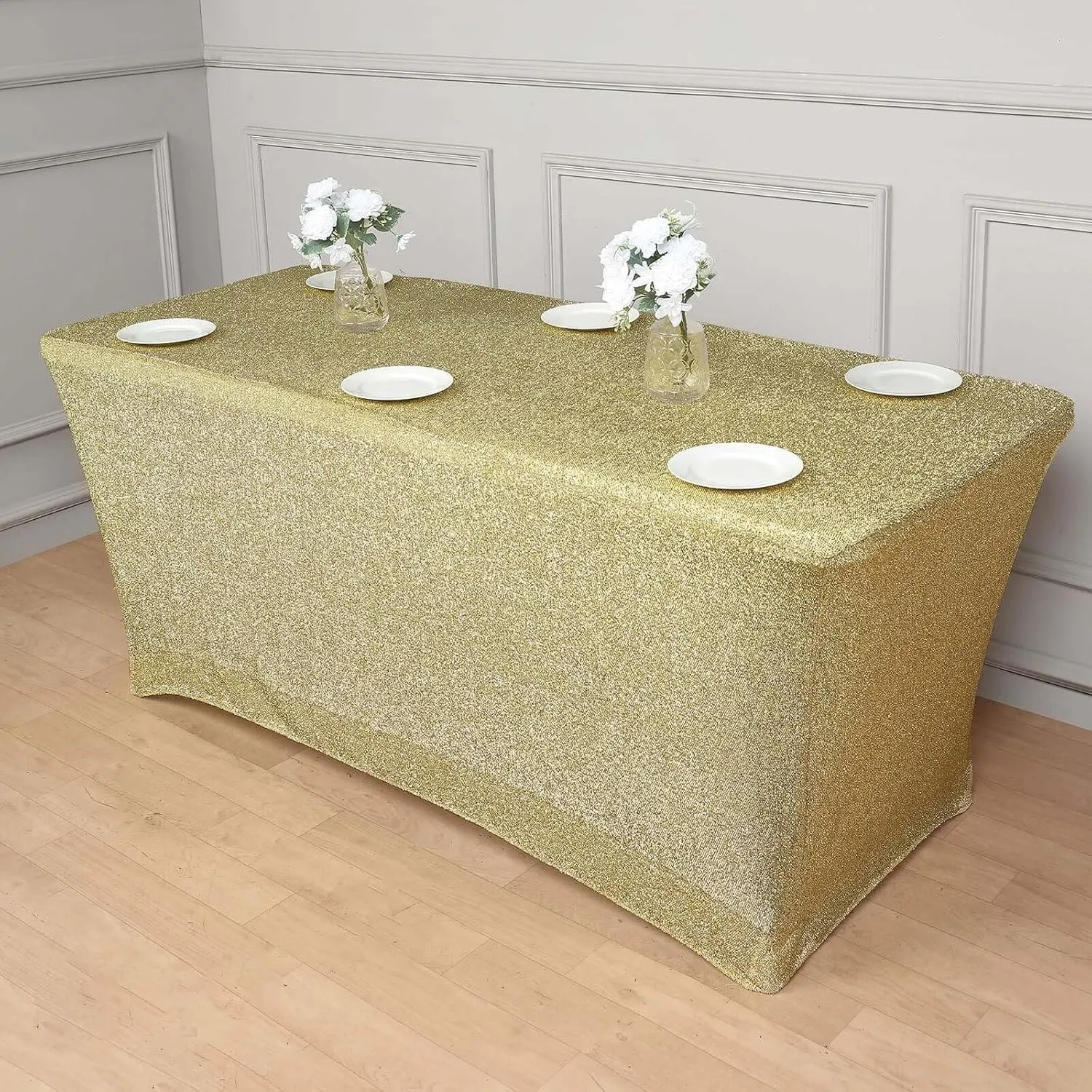 Efavormart 6ft Metallic Champagne Glitter Rectangular Spandex Fitted Table Cover, Stretch Fit Tablecloth