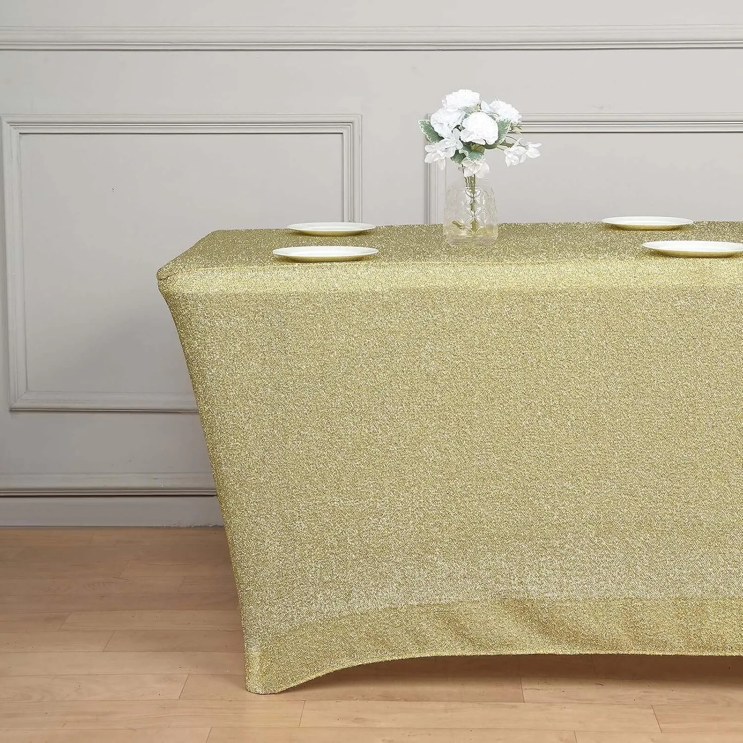 Efavormart 6ft Metallic Champagne Glitter Rectangular Spandex Fitted Table Cover, Stretch Fit Tablecloth