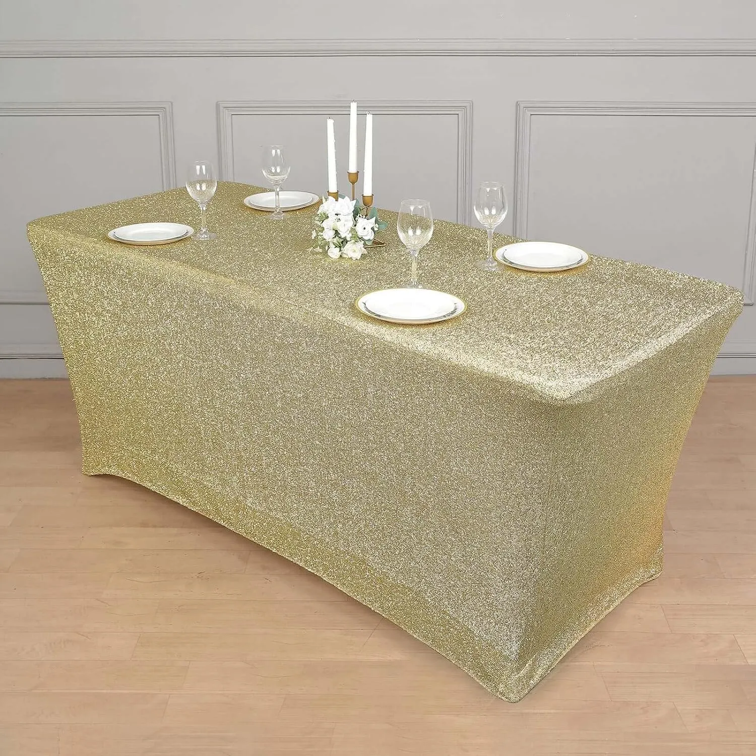 Efavormart 6ft Metallic Champagne Glitter Rectangular Spandex Fitted Table Cover, Stretch Fit Tablecloth