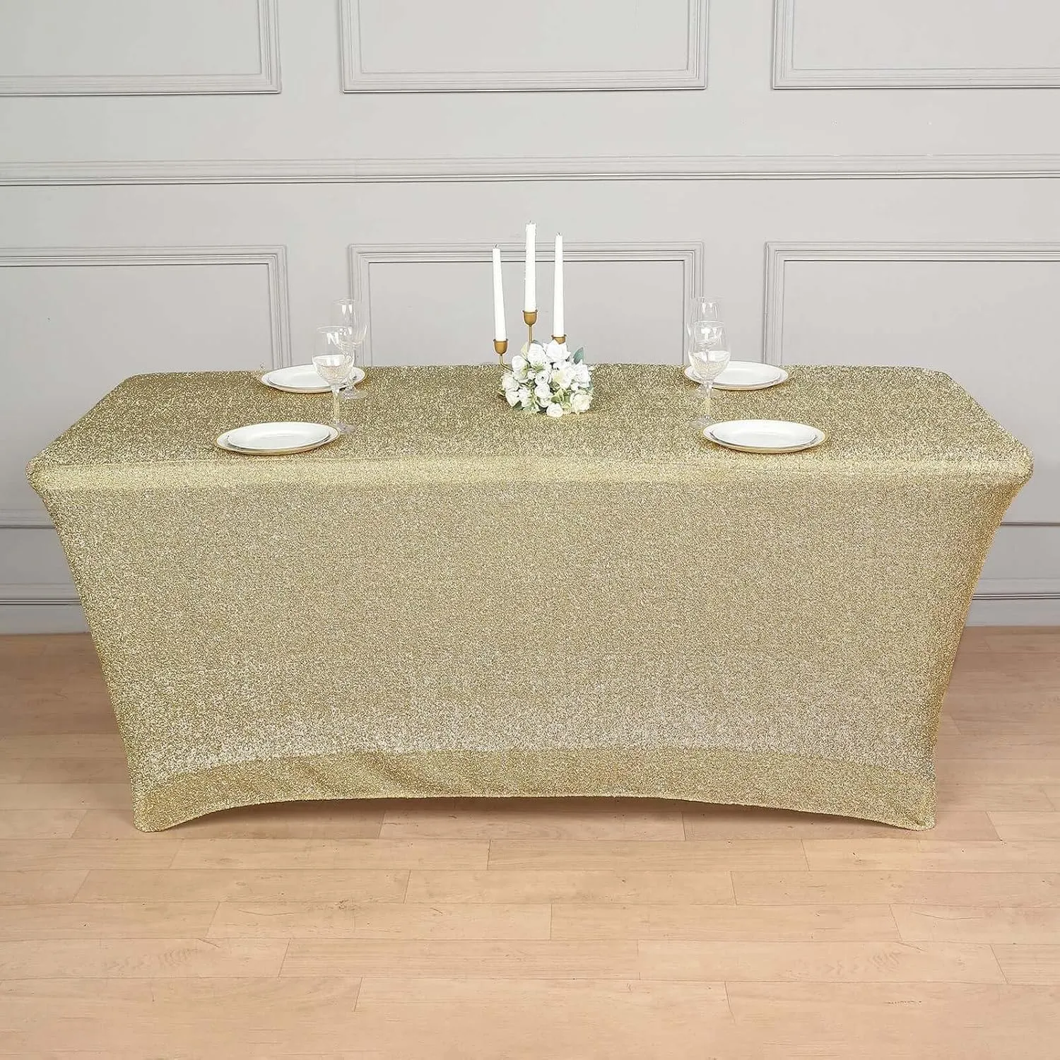 Efavormart 6ft Metallic Champagne Glitter Rectangular Spandex Fitted Table Cover, Stretch Fit Tablecloth