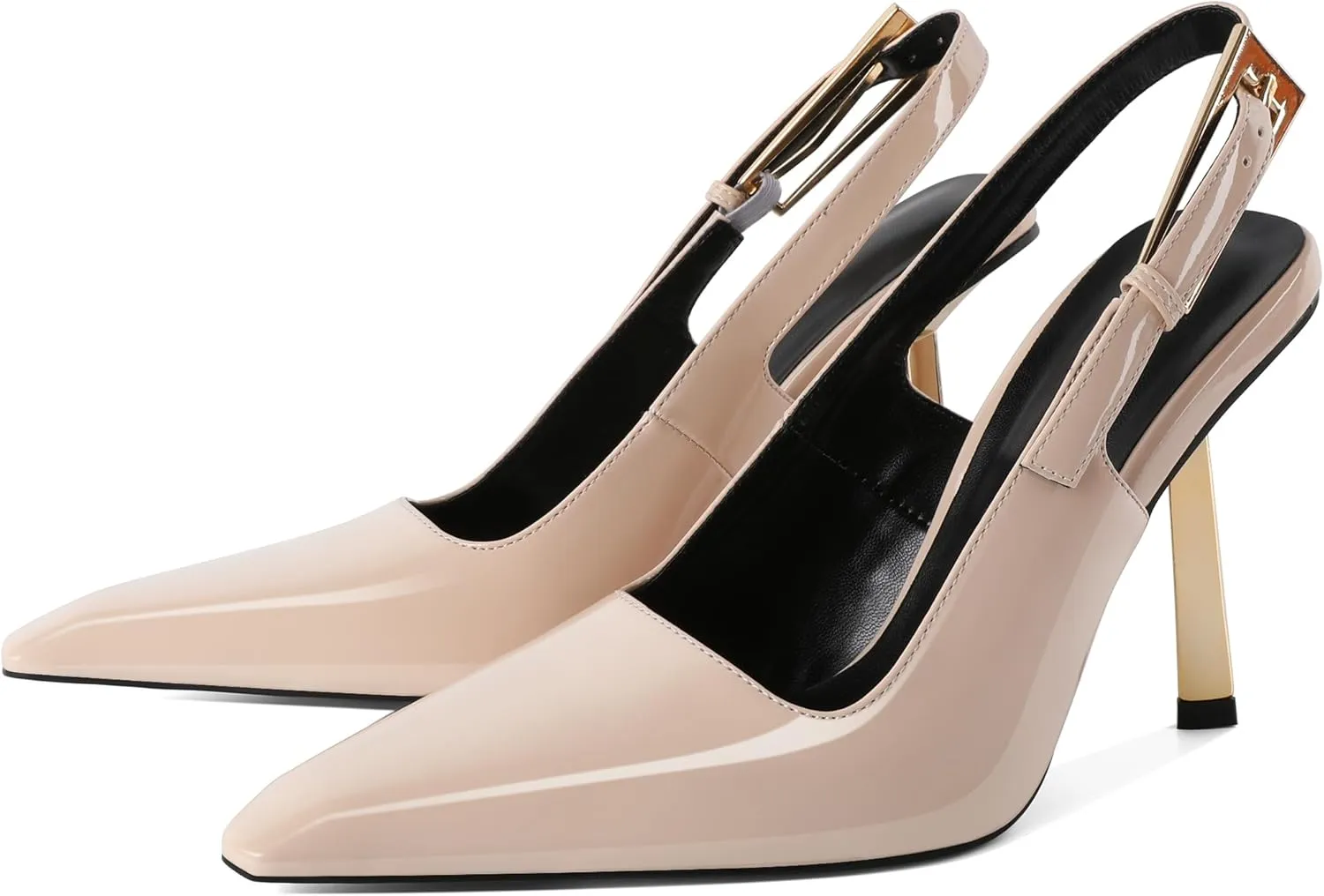 Eldof Slingback Heels for Women Metallic Buckle Square Toe Slip On Gold Stilettos High Heel Pumps Shoes Dressy 4 Inches