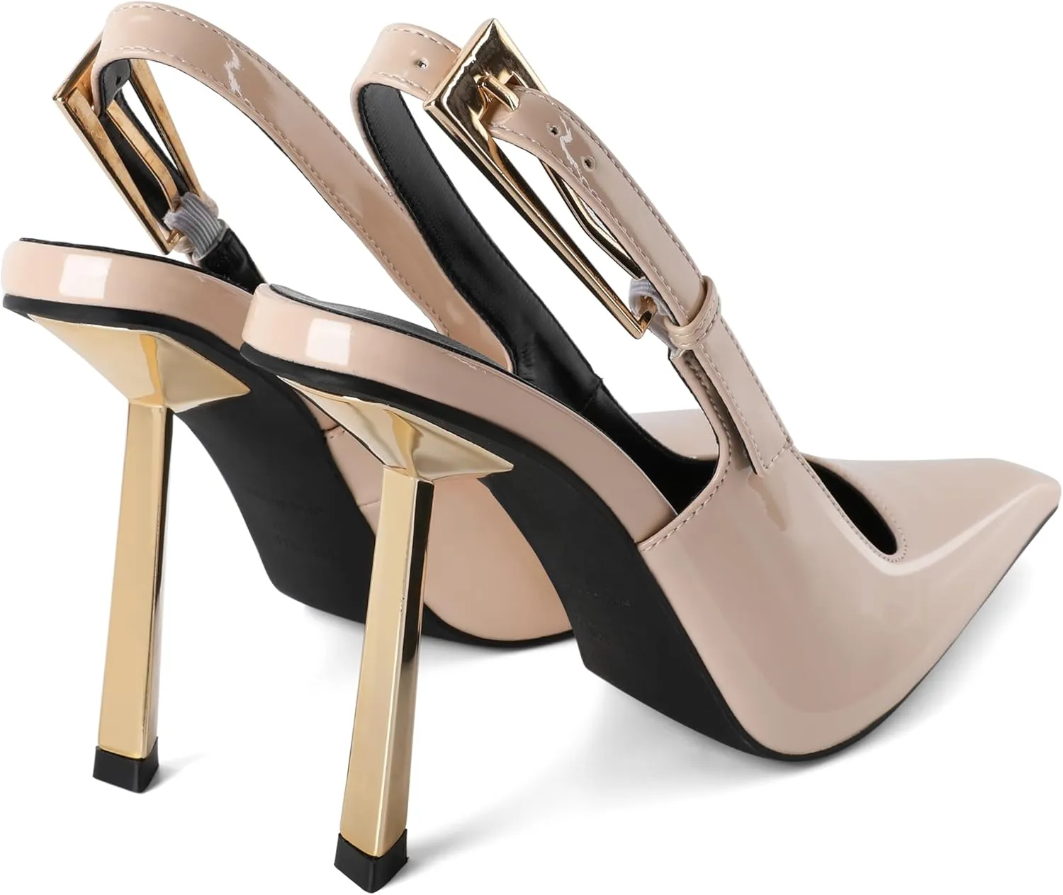Eldof Slingback Heels for Women Metallic Buckle Square Toe Slip On Gold Stilettos High Heel Pumps Shoes Dressy 4 Inches
