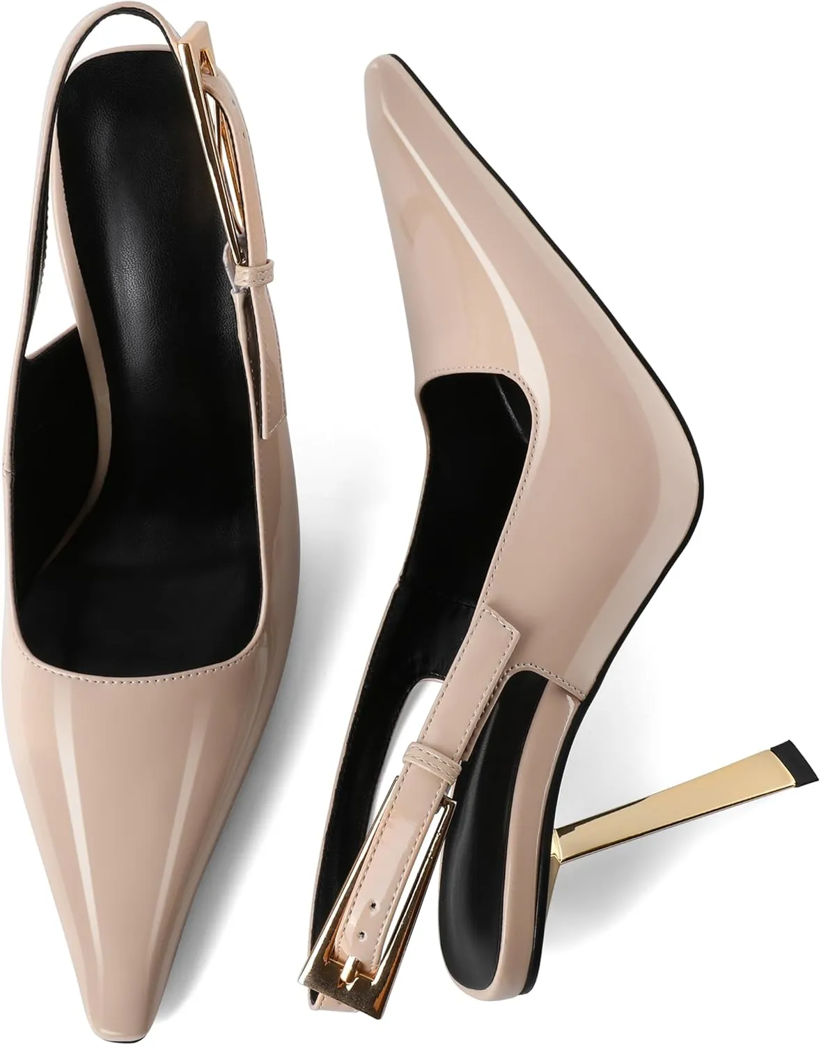 Eldof Slingback Heels for Women Metallic Buckle Square Toe Slip On Gold Stilettos High Heel Pumps Shoes Dressy 4 Inches