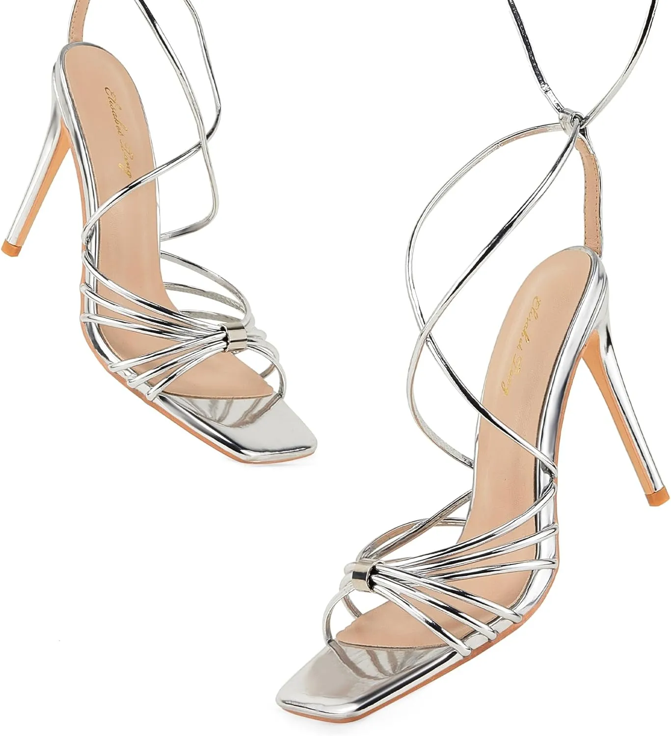 Elisabet Tang Women Strappy Heeled Sandals Lace Up 4 Inch Stilettos Square Open Toe High Heels Ankle Strap for Prom Party Evening