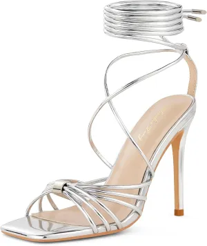 Elisabet Tang Women Strappy Heeled Sandals Lace Up 4 Inch Stilettos Square Open Toe High Heels Ankle Strap for Prom Party Evening