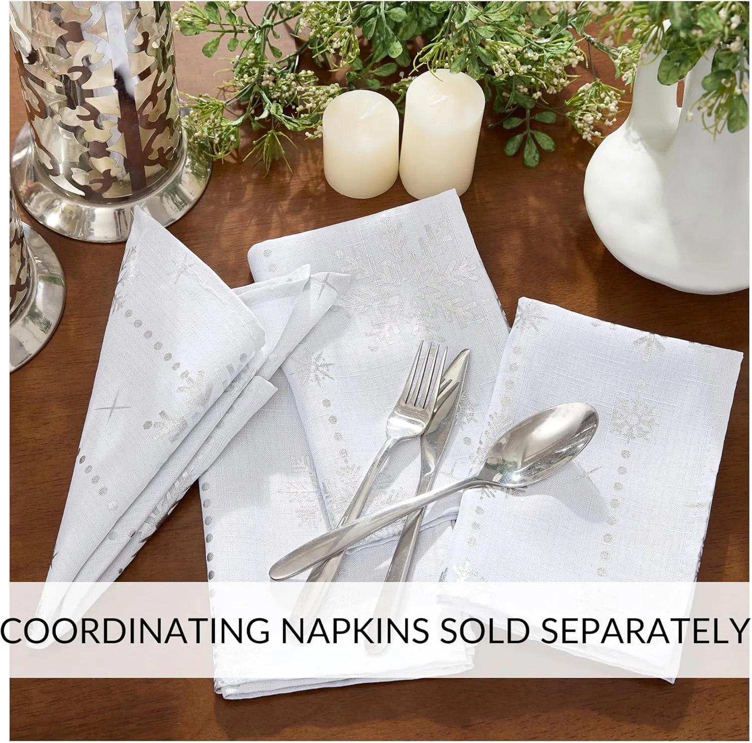 Elrene Home Fashions Wonderland Snowflake Metallic Foil Printed Fabric Holiday/Christmas Rectangle Dining Tablecloth, 60"x84"