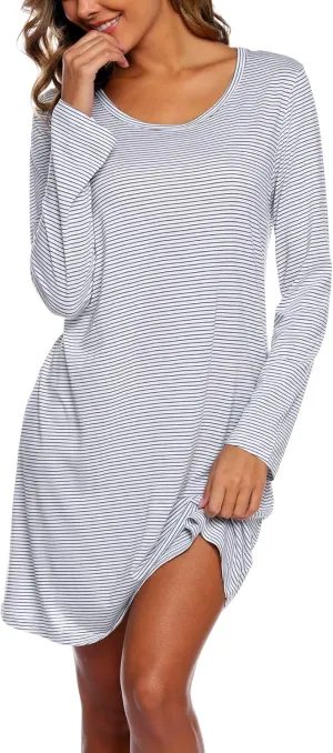ENJOYNIGHT Women's Cotton Sleepwear Long Sleeves Nightgown Print Tee Sleep Dress