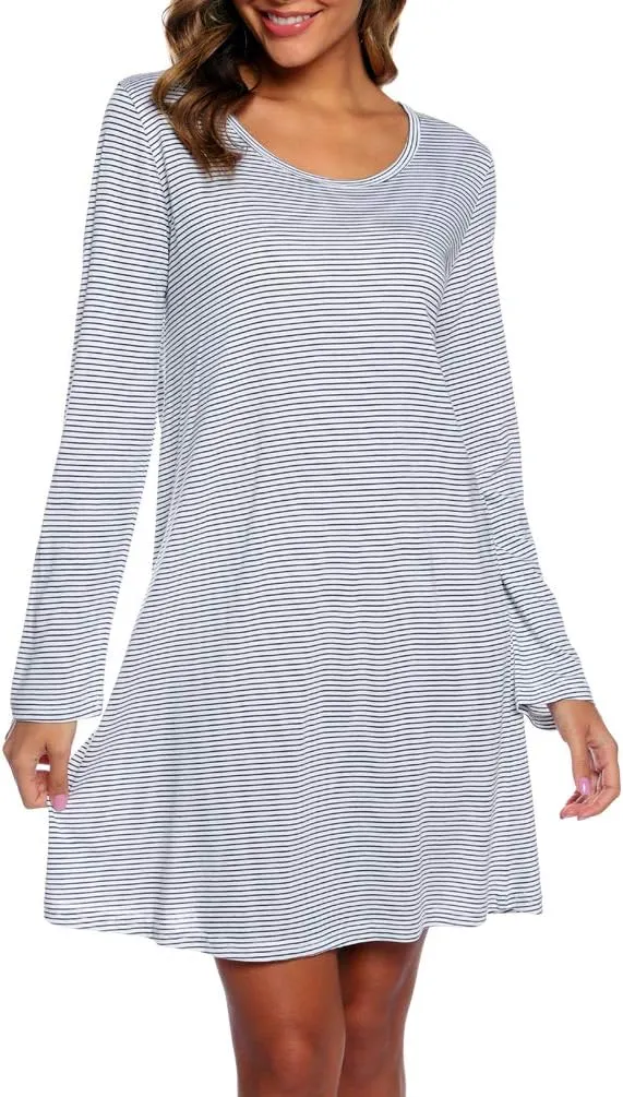 ENJOYNIGHT Women's Cotton Sleepwear Long Sleeves Nightgown Print Tee Sleep Dress