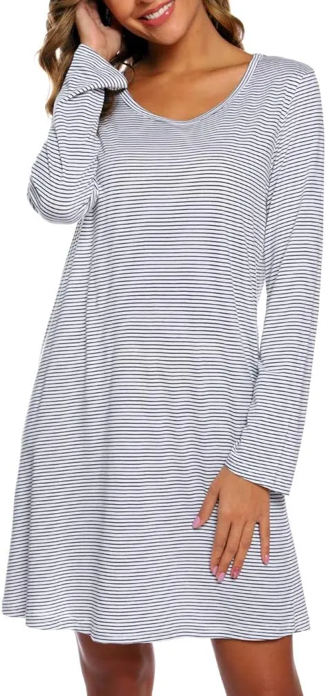 ENJOYNIGHT Women's Cotton Sleepwear Long Sleeves Nightgown Print Tee Sleep Dress