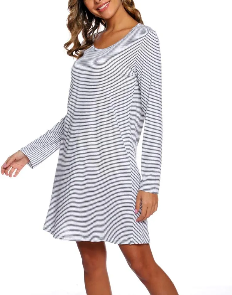 ENJOYNIGHT Women's Cotton Sleepwear Long Sleeves Nightgown Print Tee Sleep Dress