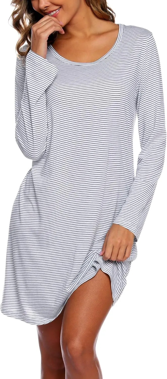 ENJOYNIGHT Women's Cotton Sleepwear Long Sleeves Nightgown Print Tee Sleep Dress