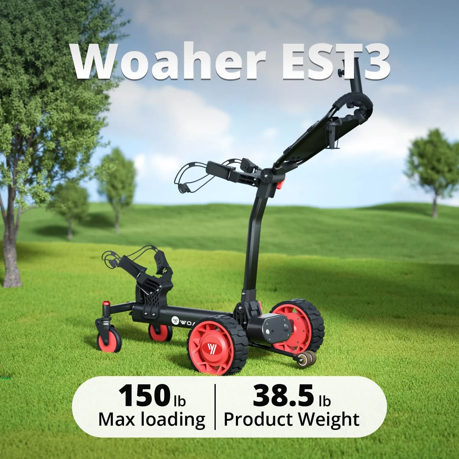 EST3 All Terrain Electric Golf Cart, Automatic Sensing Driving Golf Cart, 35-40 KM Ultra Long Driving Distance 5 Tires Dual Motor Golf Push Cart