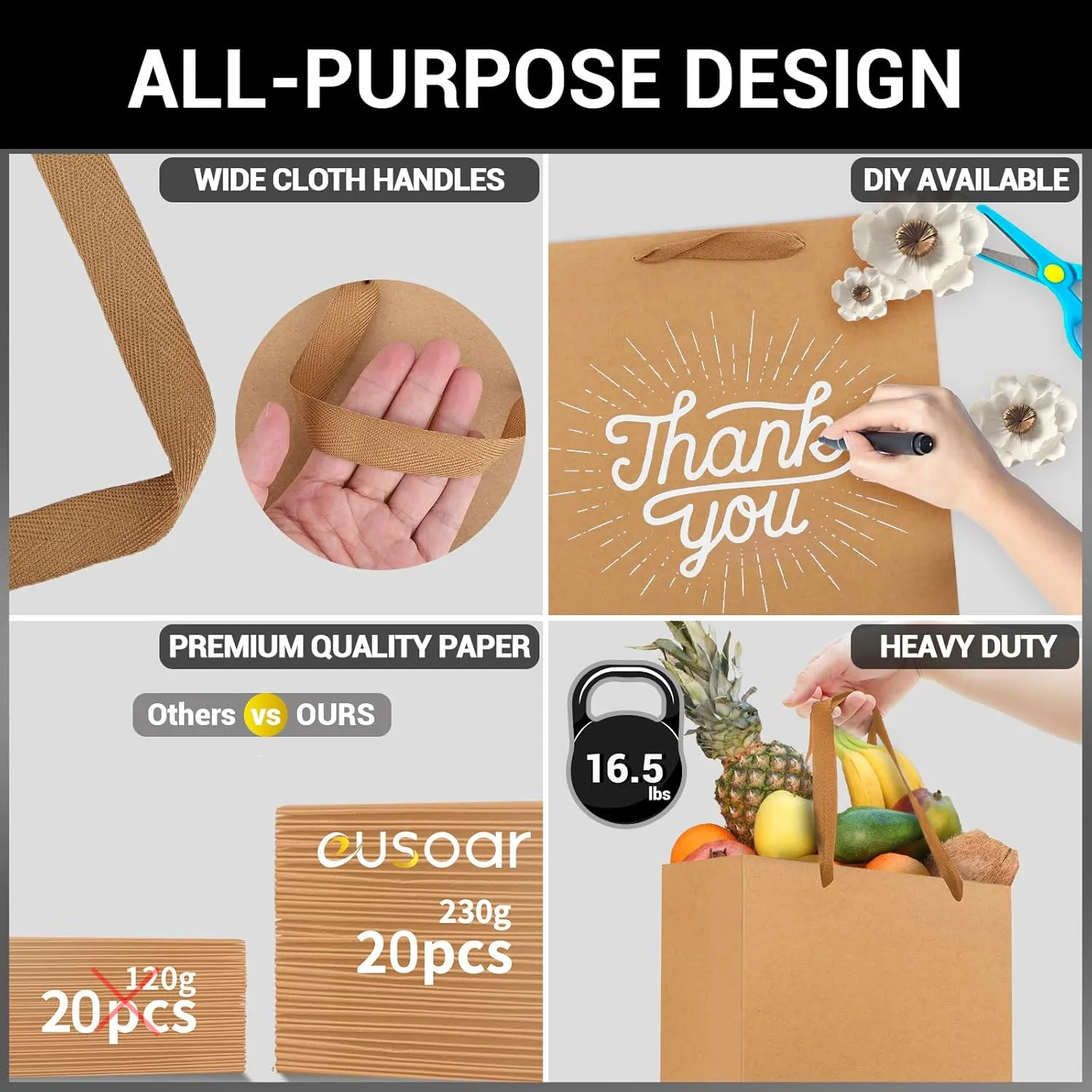 EUSOAR Kraft Gift Wrap Bags, 20 packs 7.8x3.9x11 Shopping Paper Bags with Handles, Brown Kraft Shopping Merchandise Paper Gift Bags with Soft Cloth Handles for Party Wedding Baby Shower