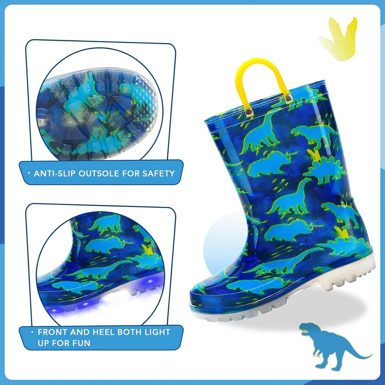 EUXTERPA Kids Toddler Light Up Rain Boots Boys Waterproof Patterns and Glitter Boots with Easy On Handles