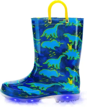 EUXTERPA Kids Toddler Light Up Rain Boots Boys Waterproof Patterns and Glitter Boots with Easy On Handles